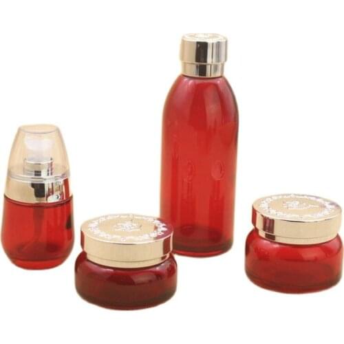 20PCS Red Glass Cream Jar Glass Bottle For Emulsion Gel Liquid Foundation Lotion Pump Bottle Cosmetic Container Bottle 30g 30ml