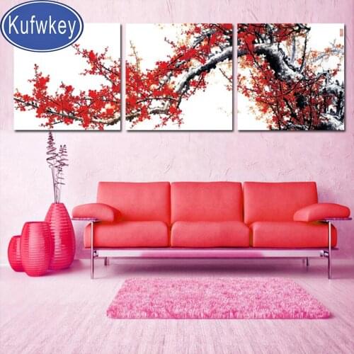 Diy 5d Diamond mosaic Triptych Red Plum Blossom Flower Photo diamond painting full square round Diamond Embroidery sale decor