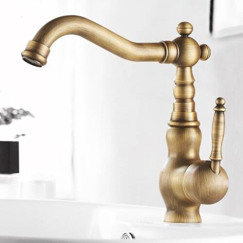 Archaistic Antique Brass Faucet Hot and Cold European-Style Bathroom Cabinet Basin Faucet Rotatable Retro Counter Basin Tap