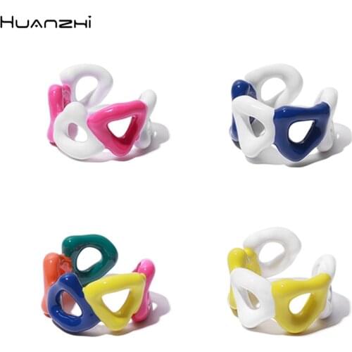 HUANZHI 2021 New Colorful Contrast Oil Dripping Rings Geometric Pearl Chain Hand Painted Irregular Open Ring for women jewelry