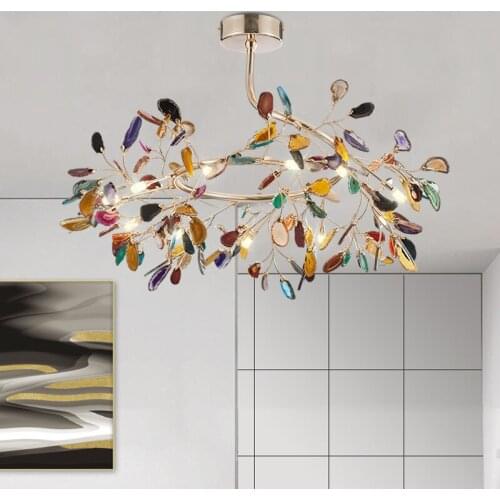 Nordic Style Creative Colorful Leaves Livingroom LED Chandeliers Agate Stone Romantic Diningroom Bedroom Bar Lighting Fixtures