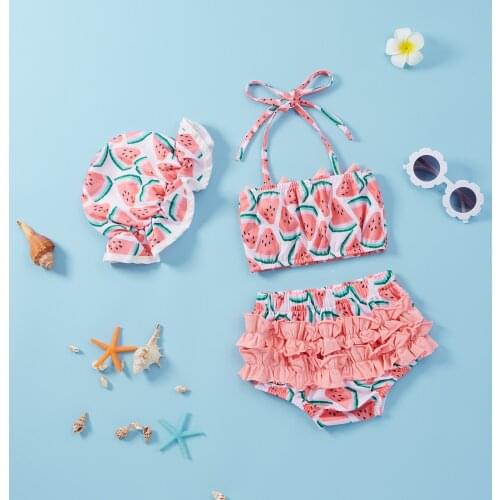 Summer Baby Girls Split Swimwear Set Watermelon Print Sleeveless Bikini with Bowknot+Shorts+Stretchy Hat Swimsuit