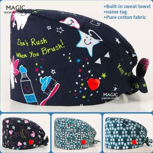 Printing Medical Caps Pet Clinic Scrubs Hats Adjustable Scrubs Hats Elastic Tieback Cartoon Tooth Beauty nursing Hats Wholesale
