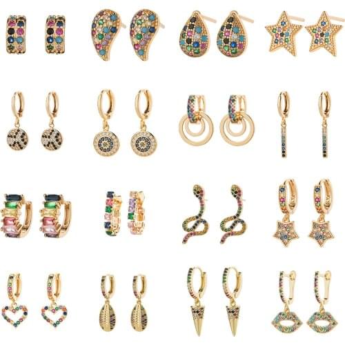 Fashion Women Micro Paved CZ Stud Earring Classic Circle Rainbow Copper Earrings Star Geometric Design Crystal Tassels Jewelry