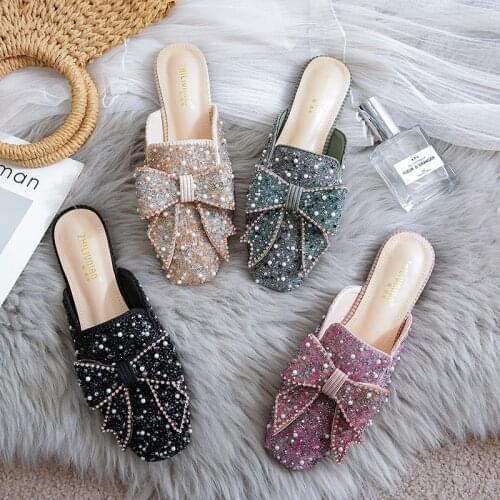 Square Toe paillette beads mules women slippers summer shoes woman sandals flip flops pearl bling glitter slides plus size 34-43