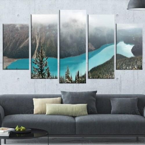 Wall Art 5 Panel Mountain Lake Cedar Posters HD Prints Natural Scenery Canvas Painting Modular Pictures Frame Home Decor Bedroom