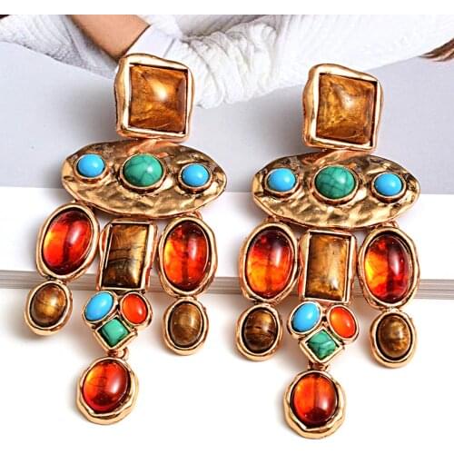 New Vintage Metal Colorful Stone Earrings High-quality Crystal Dangle Long Drop Earring Statement Jewelry Accessories For Women