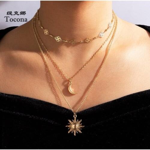Tocona Bohemian Moon Pendant Neckalce for Women Charms Sun Rose Flowers Multi-layer Geoemtry Alloy Metal Party Jewelry 17125