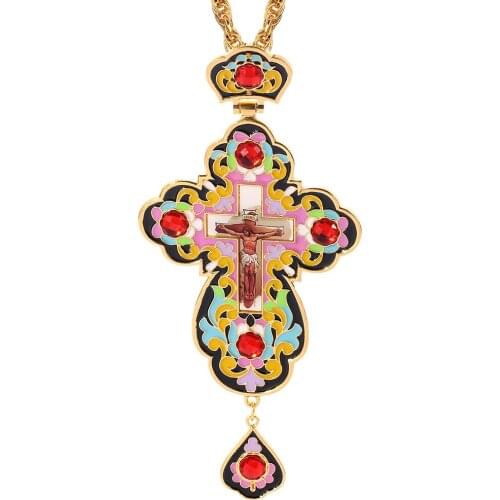 Pectoral Cross Pendant Necklace Red Crystals Colorful Oil Orthodox Greek Crucifix Jewelry Pectoral Cross Religious Crafts
