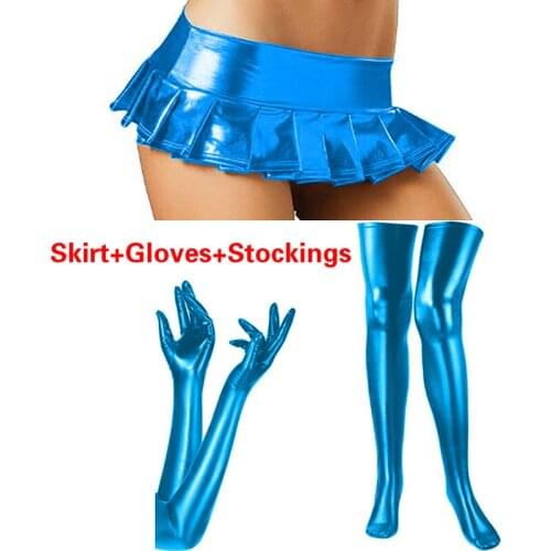 Plus Size 3 PCS Costume Set Women Sexy Stretch Stocking Faux Leather Short Mini Dress Wet Look Gloves 16 Colors