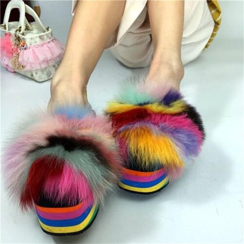 Womens Summer Rainbow High Heel Slippers Fashion Multicolour Fox Fur Wedge Sandals Womens Fur Slides Female Beach Flip Flops