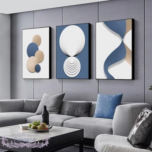 Modern Abstract Blue White Gold Geometric Poster Wall Art Canvas Painting Nordic Print Pictures for Living Room Decoration
