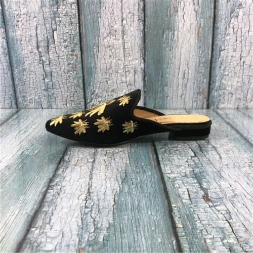 Kmeioo US Size 5-15 Loafers for Women, Womens Embroidery Mule Shoes Velvet Backless Slip On Loafers Pointed Toe Flat Mule Slides