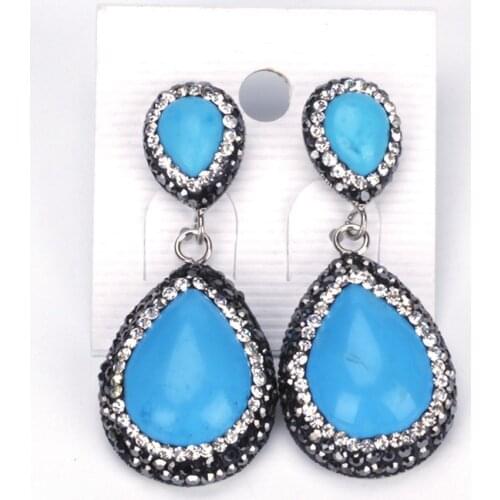 Vintage Water Drop Blue Green Turquoises Stone Pendant Charm Pave Black White Rhinestone Big Dangle Earring For Women Brincos