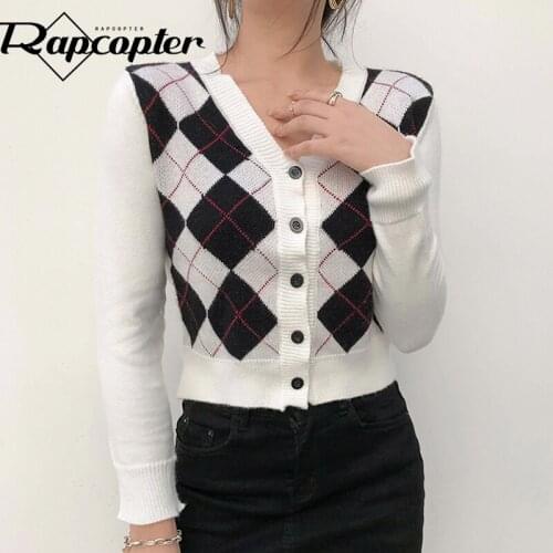 Rapcopter Plaid Knitted Cardigans England y2k Sweaters Single-Breasted Grunge Fairycore Knitwear Women Prepply Outerwear Vintage