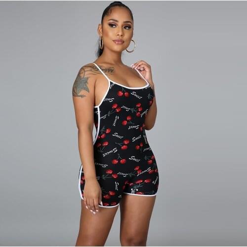 Sweet Cherry Print Rompers Womens Bodysuits Women Sexy Spaghetti Strap Sleeveless Playsuit Summer Open Back One Piece Overall