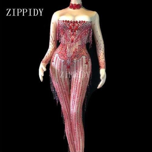 Fashion Red Crystals Tassel Jumpsuit Women Stage Dance Stretch Jumpsuit Costume Fringes Big Stretch Spandex Rompers Ou