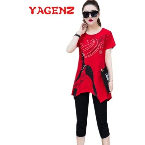 YAGENZ Plus size Two Piece Set Summer Clothes For Women Fashion printing tracksuit women 2 piece set Short sleeve Tops Pants 689