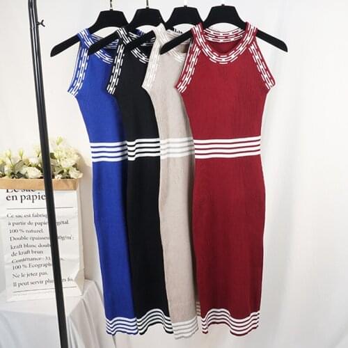 Sexy Sleeveless Knitted Tank Dress Women Knee Length Bodycon Dresses Summer 2020 Slim Ribbed Robe Femme Sundress midi dress c96