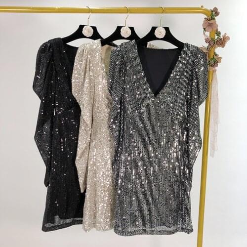 Cakucool Shiny Sequined Dress Long Puff Sleeve Ruffled V neck Bling Party Club mini Vestidos Dresses for women jurken zomer 2020