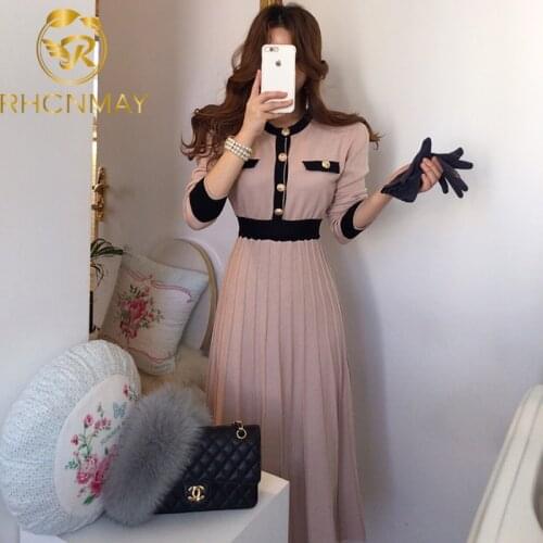 2020 Autumn Korean Knitted Women Long Pleated Dress Women Long Sleeve Single-breasted A-line Dresses Elegant Ladies Vestidos