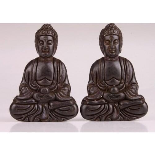 2 PCS BLACK JADE CARVED SITTING BUDDHA BELIEF ORNAMENT NECKLACE PENDANT COLLECTABLE