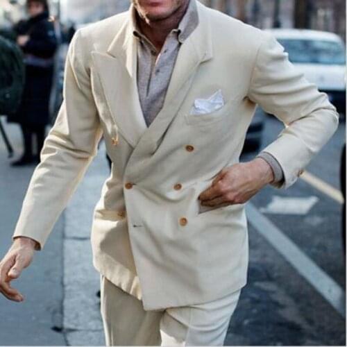 2020 Designs White Men Suit Double Breasted Latest Coat Pants Suits Tuxedo Slim Fit Mens Suit Casual Blazer 2 Piece Jacket Pants