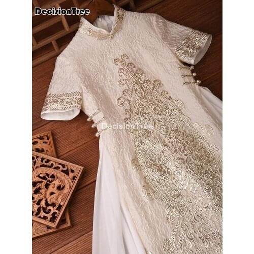2021 women chinese style cheongsam aodai floral embroidery wedding party evening dress short sleeve long robe a-line qipao dress