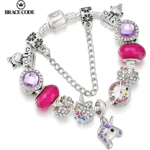 BRACE CODE Silver Plated Charm Bracelet & Bangle With Rainbow Unicorn Beads Women Wedding Jewelry Colors 16CM - 21CM Gifts Bts