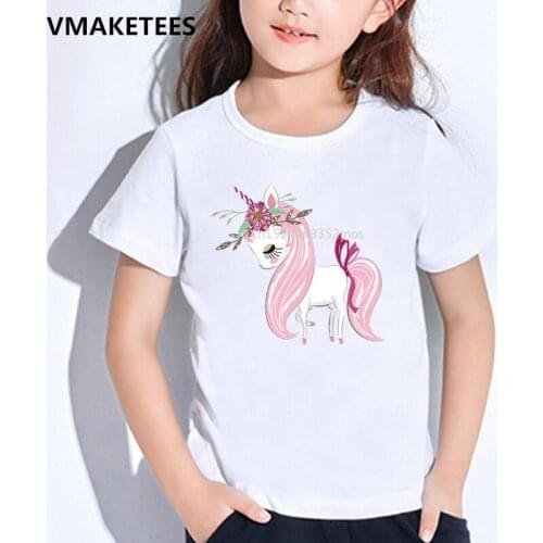 Kids Summer Short Sleeve Girls & Boys T shirts Flower Unicorn Head Cartoon Print Childrens T-shirt Funny Baby Clothes,HKP5189
