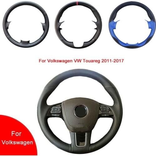 Breathable Punch Hand-Stitched Black Artificial Leather Car Steering Wheel Cover For Volkswagen VW Touareg 2011-2017