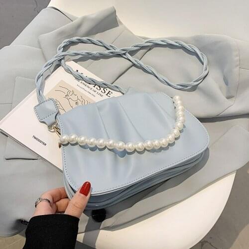 French niche design pearl chain small bag womens bag 2021 new fashion versatile pleated messenger bag summer