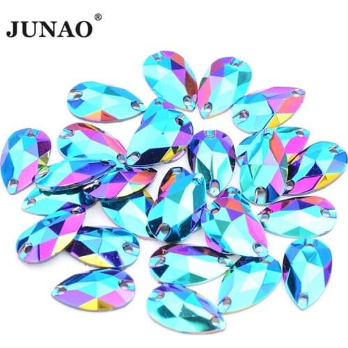 JUNAO 17x28mm Green AB Flat Back Rhinestone Teardrop Shapes Resin Strass Sew On Stone Shiny Sewing Crystal Strass for Needlework