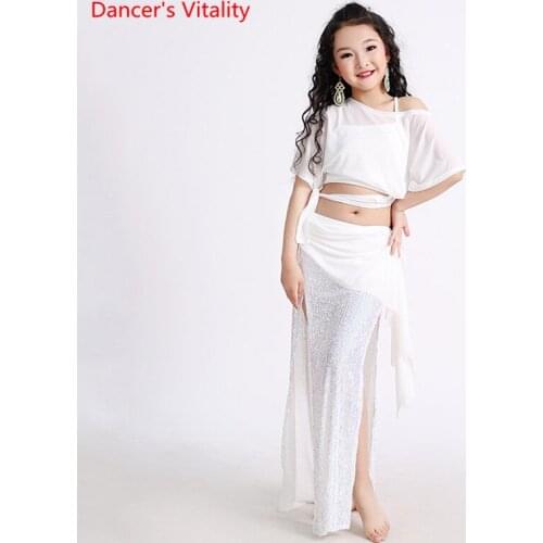 Belly Dance Suit Water Yarn Top Sequins Split Skirt Profession Practice Clothes Set Child Elegant Performance Clothing Summer
