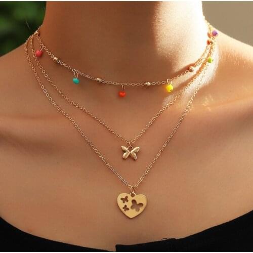 New Fashion Gold Pendant Necklaces For Women Boho Heart Hollow Butterfly Colorful Beads Tassels Multi Layer Necklace Jewelry