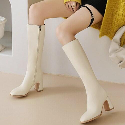 2021 new Ladies Round Toe Shoes Pure Color Microfiber Zipper Knee Boots Female High Heel Spring Autumn Womens Boots