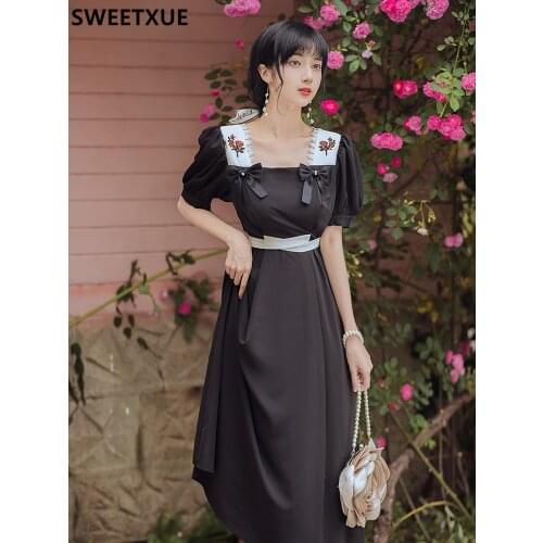 SWEETXUE French Embroidered Bow Lantern Sleeve Dress 2021 Summer Temperament Square Collar Elegant Romantic Chic Women