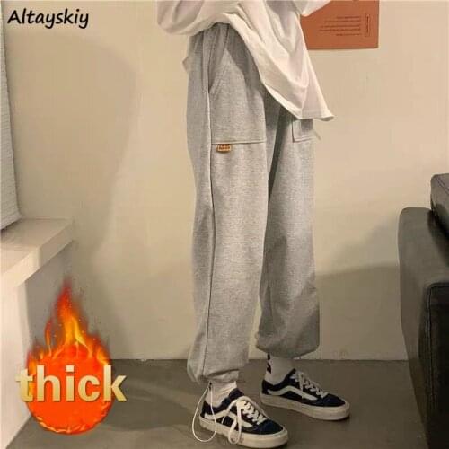 Casual Pants Women Thicker Pure Color Spring-autumn Korean Style Students All Match Warm Fashion Cozy Mujer De Moda High Waist