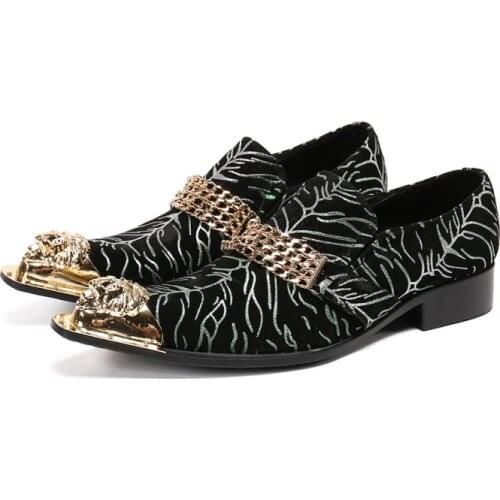 Luxury Metal Pointed Toe Print Leather Business Casual Shoes Men Leisure Party Dress Shoes Mens Club Bars Career Work Show Shoes
