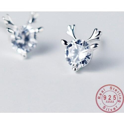Fashion Crystal Zirconia Christmas Reindeer Antler Stud Earrings for Women Real 100% 925 Sterling Silver Jewelry Drop Shipping