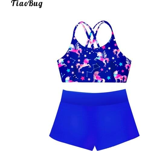 TiaoBug Summer 2Pcs Kids Girls Swimming Suit U Neck Spaghetti Straps Criss Cross At Rear Cropped Top Shorts Set Bathing Swimwear