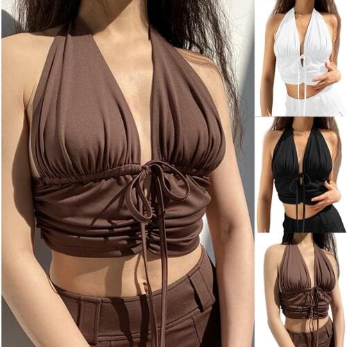 Summer Stretch Sleeveless Camisole Tops Streetwear Y2K Sexy Crop Top Ruched Halter Deep V Neck Lace Up Camisole Sexy Lace Up