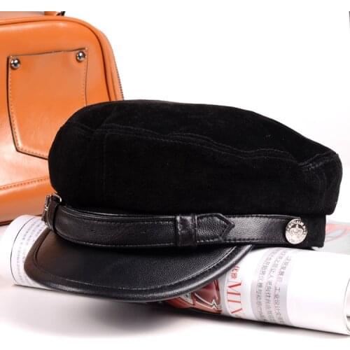 RY956 Winter Head Warm Genuine Leather Suede Navy Military Black Hats For Men Women Retro Belt Moto GP Fitted Casquette Gorro