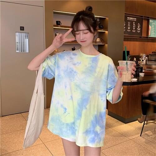 Tie-dyed Korean-style loose short-sleeved female T-shirt top Green XXL size