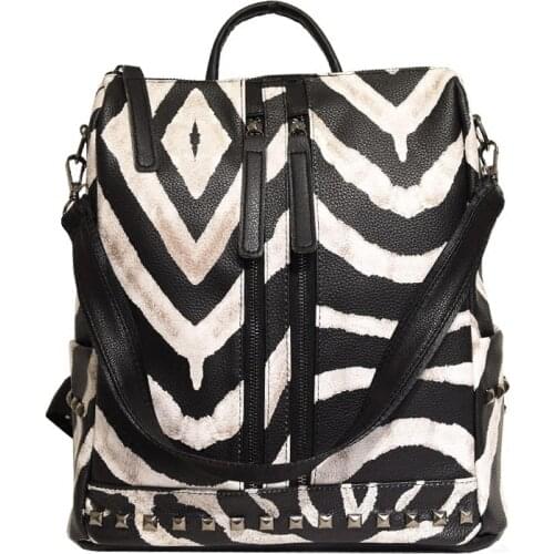 2021 Women Pu Leather Big Backpack High Quality College Student School Bag Printed Leopard Zebra Large Men Bagpack Rock Studded