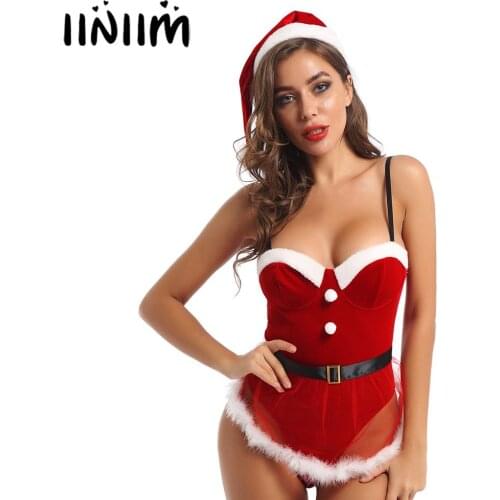 UK STOCK Womens Femme Christmas Holiday Party Sets for Clubwear Costumes Velvet Bodysuit with Feather Trimming Apron Hat