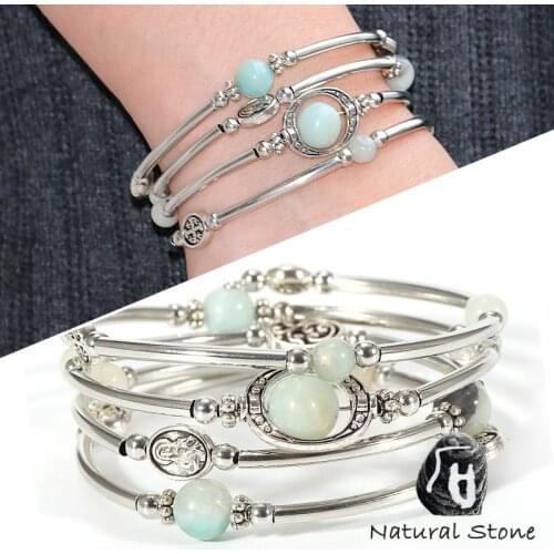 4 Layer Vintage Boho Natural Stone Bracelets Bangles For Women Copper Tube Wrap Crustal Lava Stone Beads Bracelet Femme Jewelry