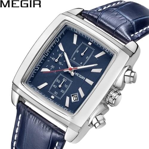 MEGIR Leather Blue Watch Men Top Brand Luxury Chronograph Military Quartz Watches for Man Waterproof Luminous Reloj Hombre 2028