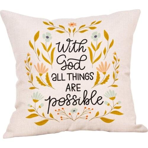 Farmhouse Pillow Cover with God All Things are Possible Quote Home Decorative Cotton Linen Christian Cushion Case 18"x18"