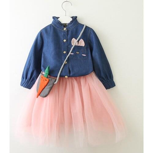 Childrens Long-Sleeved fashion cowboy Denim Skirt Layered Mesh Tutu Princess Dress sweet girls lace flower princess dress